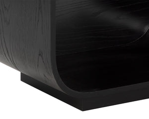 Sunpan Tarrant Nightstand – Elegant Black Oak with Raffia Handles and Modern Curves for Stylish Storage Solutions