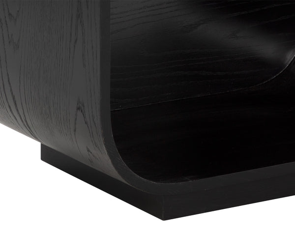 Sunpan Tarrant Nightstand – Elegant Black Oak with Raffia Handles and Modern Curves for Stylish Storage Solutions
