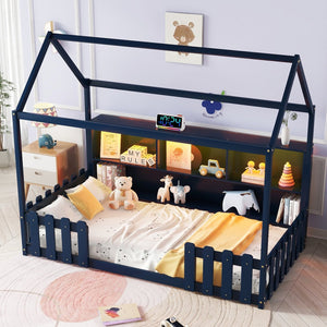 English Elm Twin House Bed with LED Light and Built-In Bookshelf, Solid Wood Playhouse Design for Kids Safety Navy Blue 78.15 L x 15.75 W x 6.1 H W2593P269090