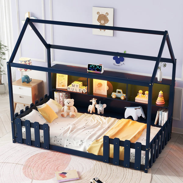 English Elm Twin House Bed with LED Light and Built-In Bookshelf, Solid Wood Playhouse Design for Kids Safety Navy Blue 78.15 L x 15.75 W x 6.1 H W2593P269090