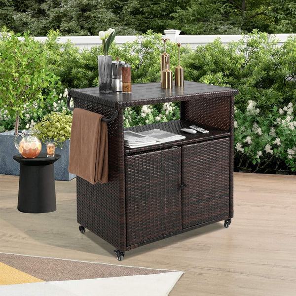 English Elm Outdoor Wicker Bar Cart Rolling Patio Beverage Cart with Wheels, Rattan Style Steel Frame Table W640P175461