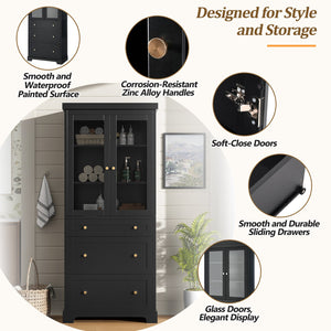 English Elm 70.1" Modern Tall Storage Cabinet with 3 Drawers, 2 Adjustable Shelves, Soft-Close Glass Doors, Gold Handles Black N729P271979B