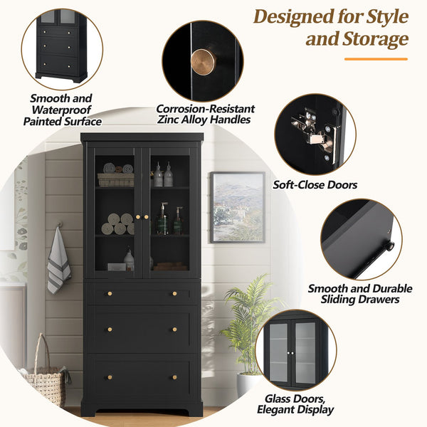 English Elm 70.1" Modern Tall Storage Cabinet with 3 Drawers, 2 Adjustable Shelves, Soft-Close Glass Doors, Gold Handles Black N729P271979B