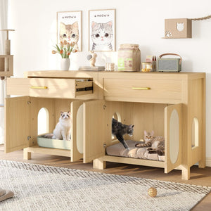 English Elm Cat Litter Box Cabinet with Sisal Doors Storage Drawer and Nightstand Surface N704P379111N