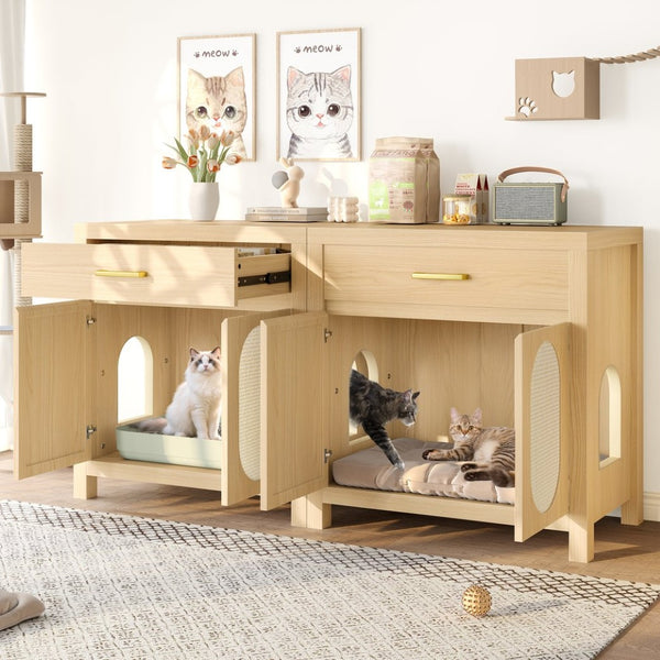 English Elm Cat Litter Box Cabinet with Sisal Doors Storage Drawer and Nightstand Surface N704P379111N