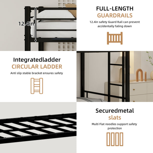 English Elm Heavy-duty Metal Twin over Twin Bunk Bed Black – Rust-Resistant Steel, Safety Rail, Non-Slip Ladder W1935P294225