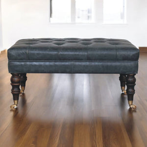 English Elm Buffalo Teal Leather Ottoman With Brass Casters - Stylish, Mobile Accent Bench For Any Space B182P291455