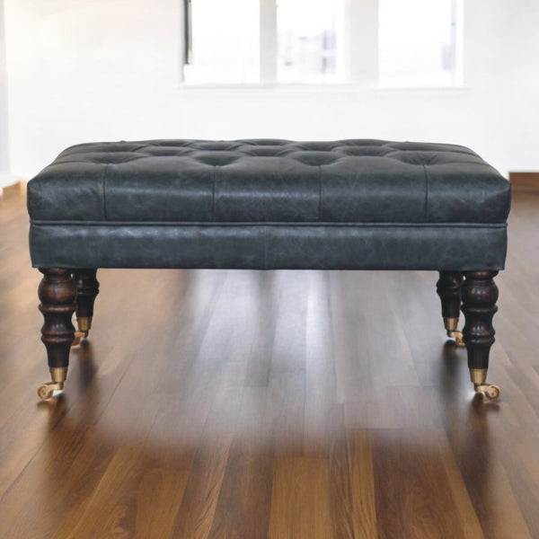 English Elm Buffalo Teal Leather Ottoman With Brass Casters - Stylish, Mobile Accent Bench For Any Space B182P291455