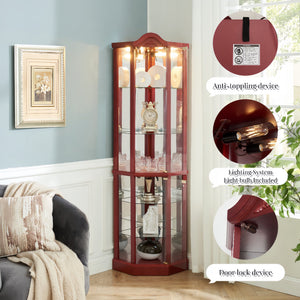 English Elm Lighted Glass Display Cabinet - Elegant Corner Curio With Adjustable Shelves & Integrated Lighting W1758P300136