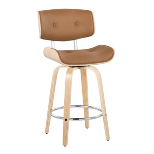 English Elm Lombardi Mid-Century Counter Stool 26" Set of 2 — Tufted Faux Leather Seats, Swivel, Wood Backrest Camel B202S00344