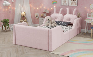 English Elm Twin Kids Platform Bed Teddy Fabric Upholstered with Bunny Cushions and Safety Rails Pink W2593P395807
