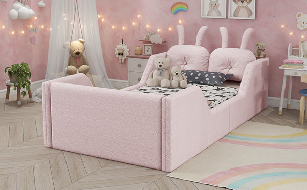 English Elm Twin Kids Platform Bed Teddy Fabric Upholstered with Bunny Cushions and Safety Rails Pink W2593P395807