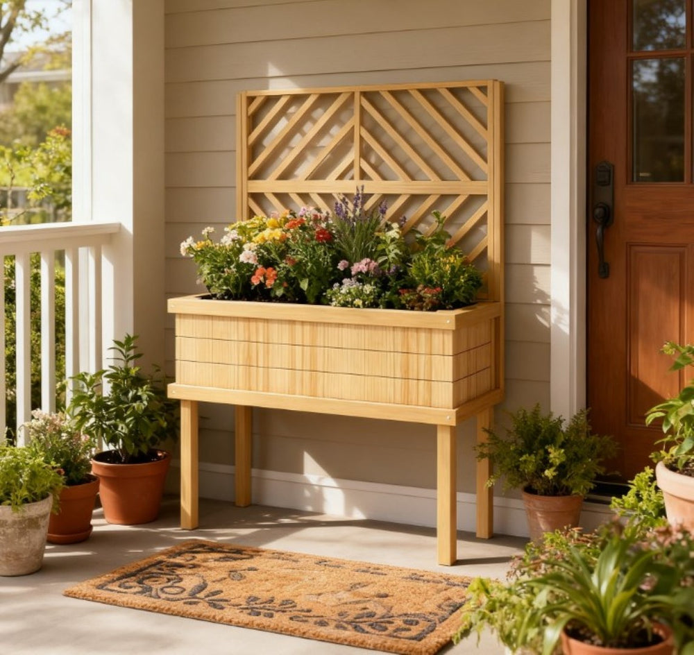 English Elm Self-draining Elevated Fir Wood Planter with Lattice Trellis for Backyard Gardens T3971P422402