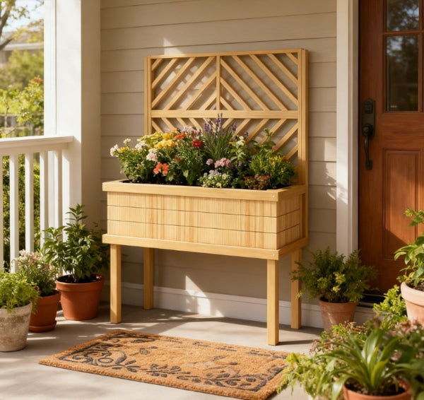 English Elm Self-draining Elevated Fir Wood Planter with Lattice Trellis for Backyard Gardens T3971P422402