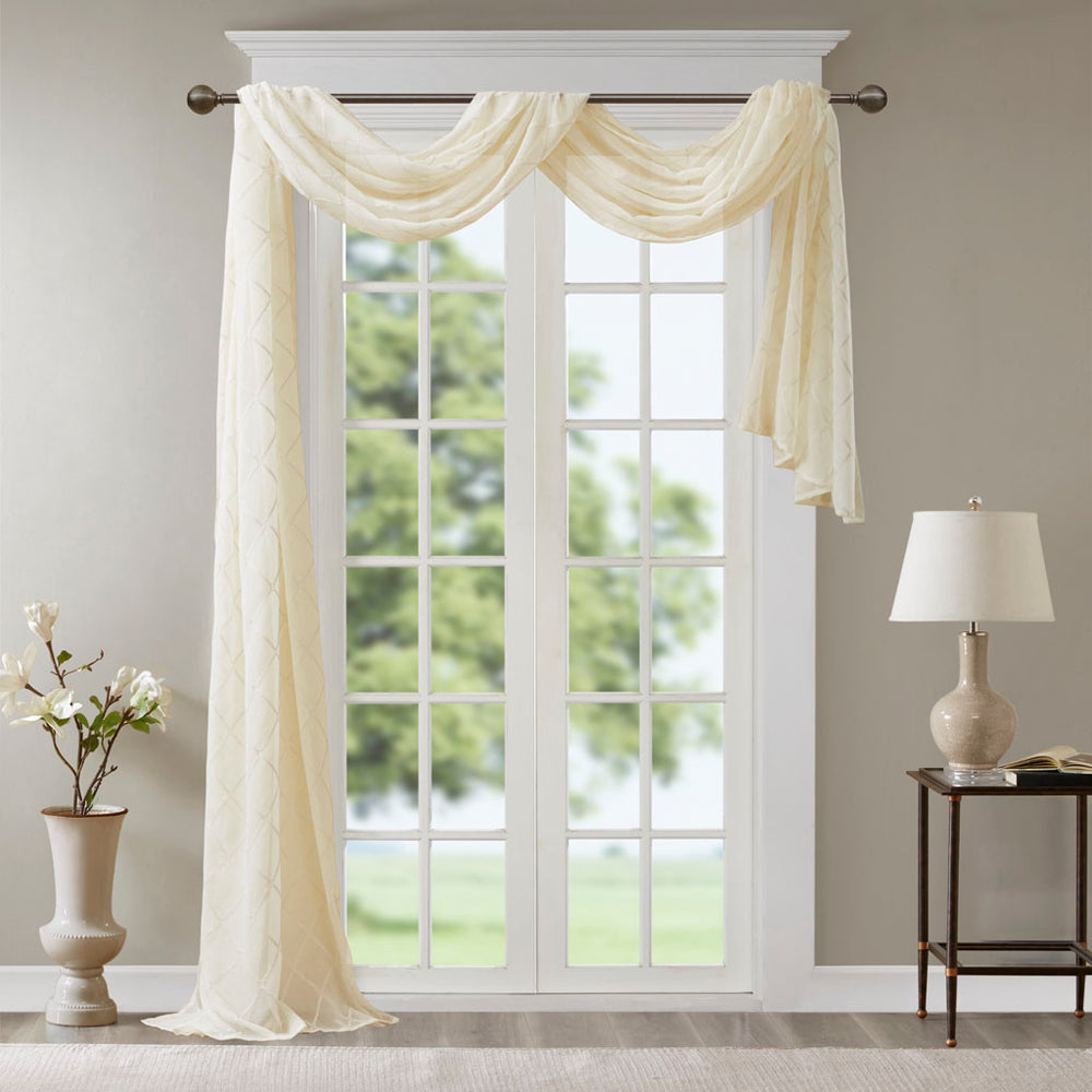 JLA Home Madison Park - Diamond Sheer Embroidered Window Scarf — Lightweight Diamond Motif Sheer Valance to Soften Light & Add Texture MP40-4938