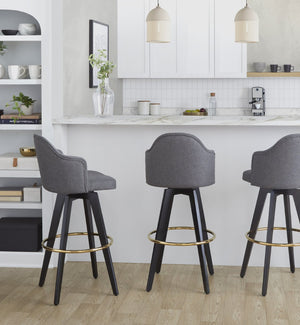 English Elm Fixed-height Swivel Barstools Upholstered Grey Fabric Black Wood Legs Kitchen Set of 2 Black+Gery B202S01865