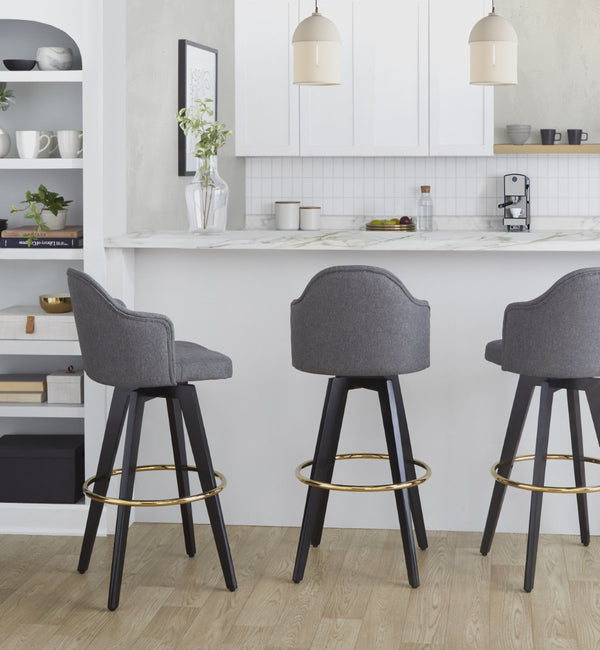 English Elm Fixed-height Swivel Barstools Upholstered Grey Fabric Black Wood Legs Kitchen Set of 2 Black+Gery B202S01865