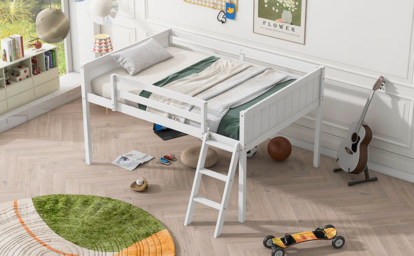 English Elm Full Low Loft Bed Pine Wood with Ladder & Guardrails, Space-Saving Play Area, Secure 350lb Capacity White WF531952AAK