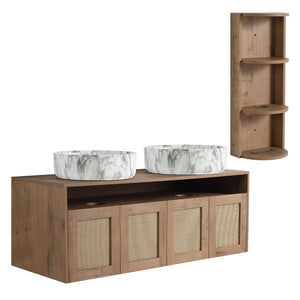 English Elm 48" Floating Bathroom Vanity Oak Finish Dual Ceramic Sinks Soft Close Plywood Cabinet W999S00506
