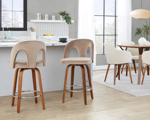 English Elm Fixed-height Swivel Counterstools Taupe Velvet Bentwood Walnut Legs Chrome Footrest Set B202S01796
