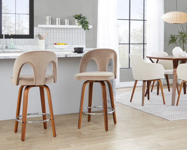 English Elm Fixed-height Swivel Counterstools Taupe Velvet Bentwood Walnut Legs Chrome Footrest Set B202S01796