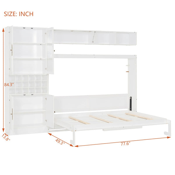 English Elm Full Size Murphy Wall Bed with Linen Sofa Integrated Shelving Usb Charging and Lighting LP000763AAK