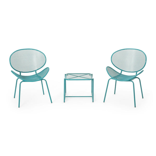 English Elm Christopher Knight Home® - ELBA Modern Mesh Shell Chat Set with Powder-Coated Iron Frame, Retro Minimal Outdoor Seating Teal N775P250740T
