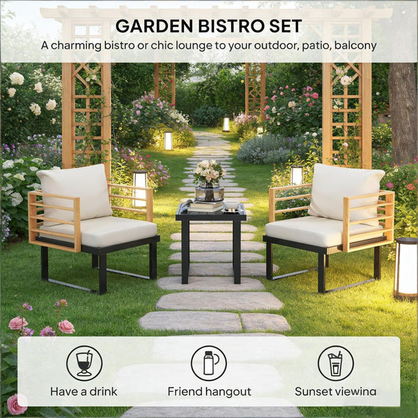 English Elm Stylish 3 Piece Outdoor Bistro Set Steel Frame Wood Grain Cushioned Balcony Patio T3971P446056
