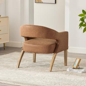 English Elm Modern Pu Leather Barrel Armchair Set of 4 with Sculpted Back Rubberwood Legs Brown W3118S00033