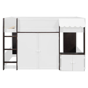 English Elm Twin House Loft Bed with Pull Out Rolling Desk Stair Drawers and Cabinet Storage Espresso+White N820S00074P