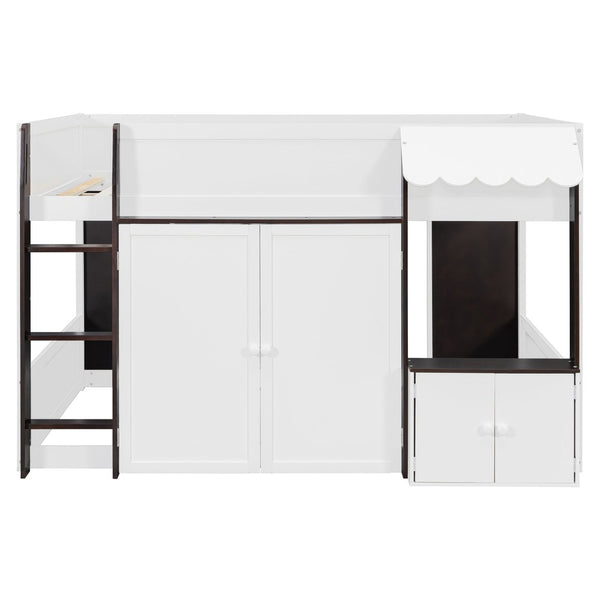 English Elm Twin House Loft Bed with Pull Out Rolling Desk Stair Drawers and Cabinet Storage Espresso+White N820S00074P