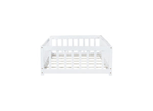 English Elm Twin Solid Rubberwood Floor Bed with Full Perimeter Safety Rails for Toddler Rooms White W504P296795
