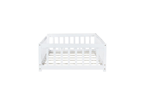 English Elm Twin Solid Rubberwood Floor Bed with Full Perimeter Safety Rails for Toddler Rooms White W504P296795