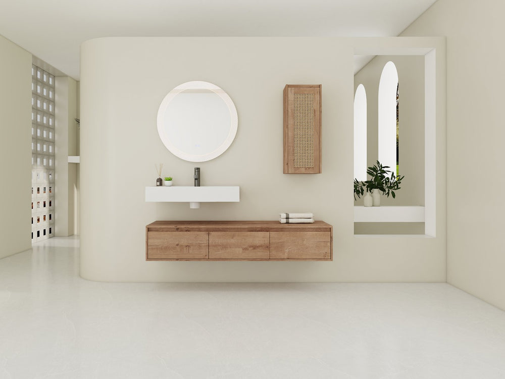 English Elm 60 Inch Wall-Mounted Bathroom Vanity Set With Resin Sink, Soft-Close Drawers & Side Cabinet Storage W999S00357