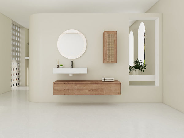 English Elm 60 Inch Wall-Mounted Bathroom Vanity Set With Resin Sink, Soft-Close Drawers & Side Cabinet Storage W999S00357