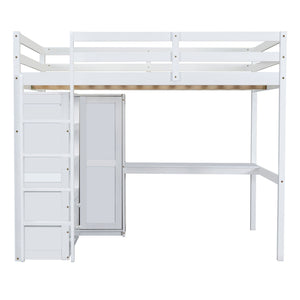 English Elm Wood Full Size Loft Bed with Built-In Desk, Wardrobe, Shelves & Drawers for Space-Saving Rooms White GX000466AAK