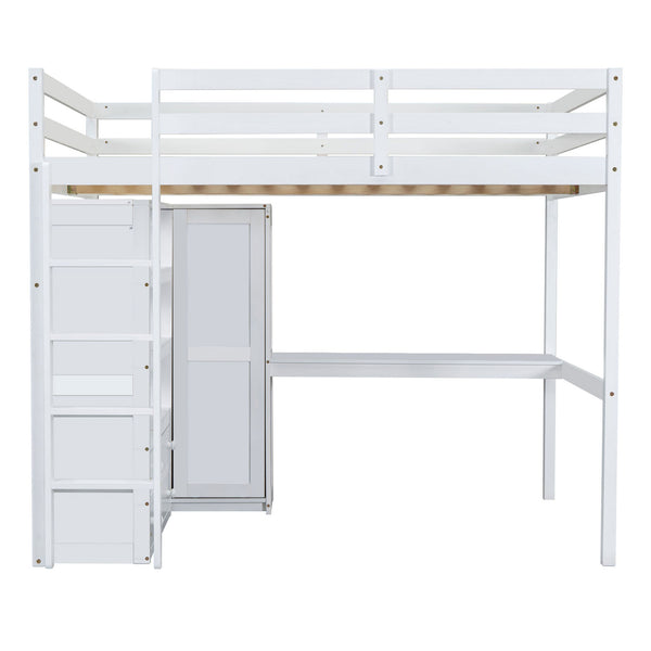 English Elm Wood Full Size Loft Bed with Built-In Desk, Wardrobe, Shelves & Drawers for Space-Saving Rooms White GX000466AAK