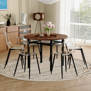 English Elm Table and Chair Set 42 Inch Round Wood Grain Dining with Six Transparent Plastic Seats W1151S04490