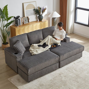 English Elm 84inch Corduroy Deep Seat Three Person Sofa with Storage Ottomans for Living Room Grey W834S00567