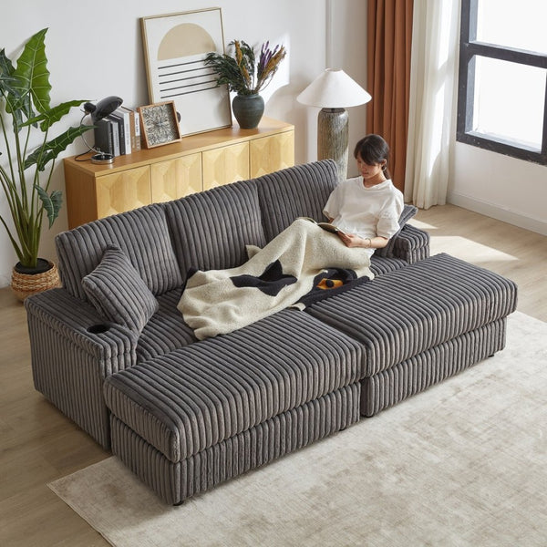 English Elm 84inch Corduroy Deep Seat Three Person Sofa with Storage Ottomans for Living Room Grey W834S00567