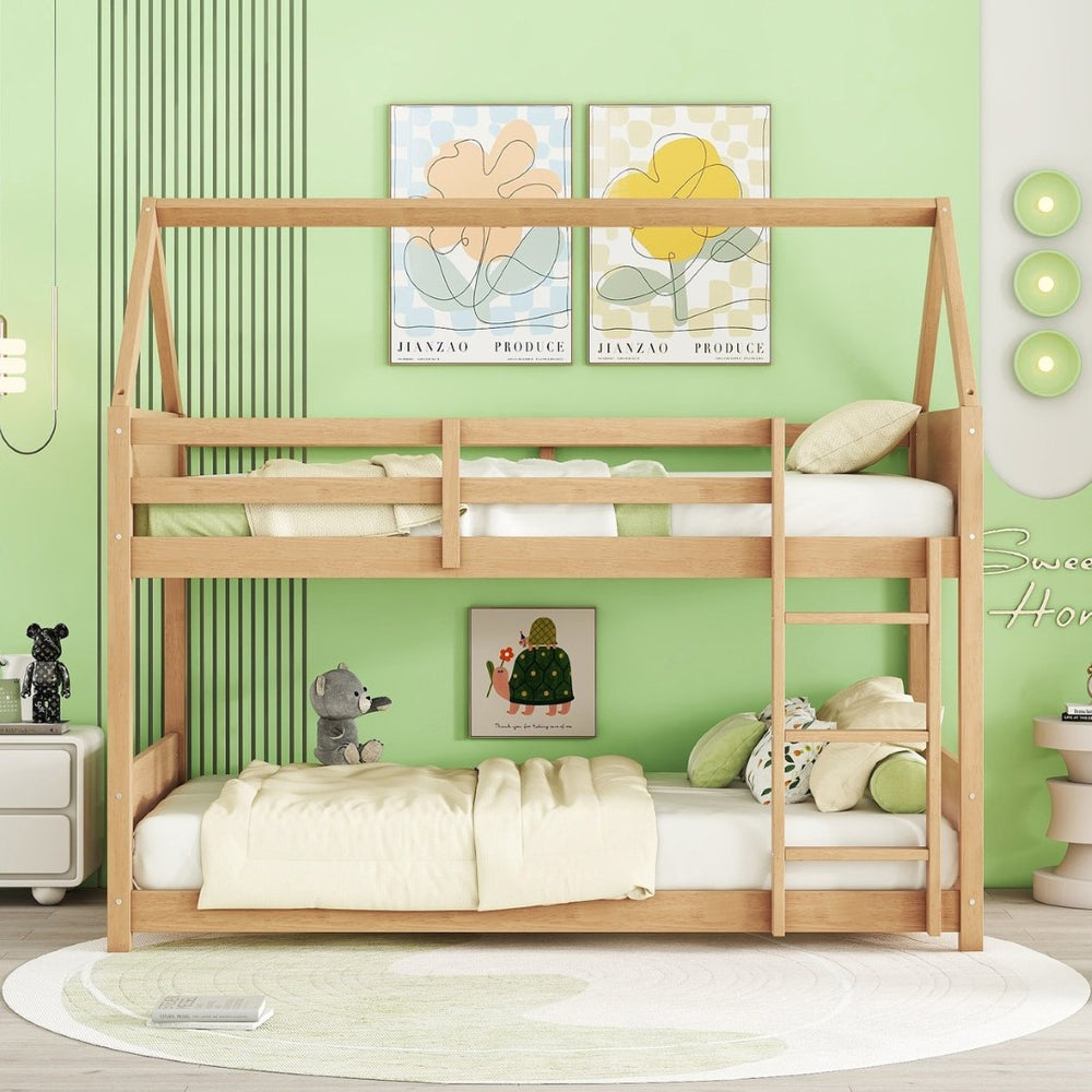 English Elm Twin House Floor Bunk Bed With Guardrails & Ladder - Solid Rubberwood, White Oak Finish, Ideal For Kids W504P227942-GIGA