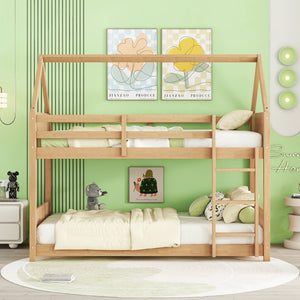 English Elm Twin House Floor Bunk Bed With Guardrails & Ladder - Solid Rubberwood, White Oak Finish, Ideal For Kids W504P227942-GIGA