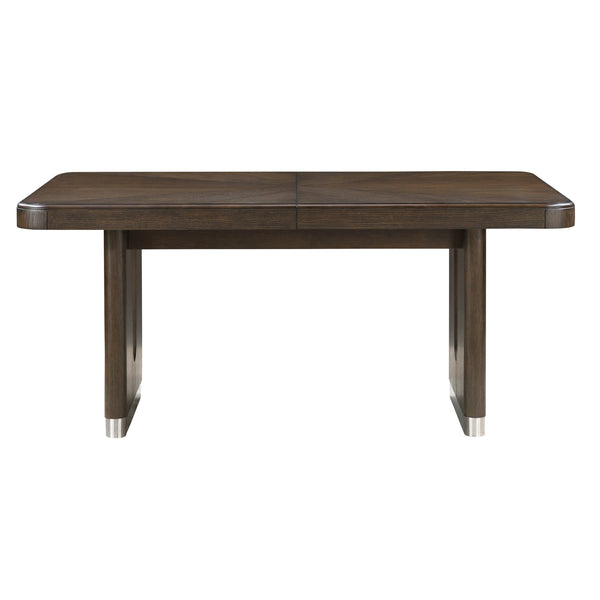 English Elm Modern Extendable Rectangular Dining Table with Oak Veneer, Wire-Brushed Brown Finish & Metallic Base - Seats 6 B011S01900