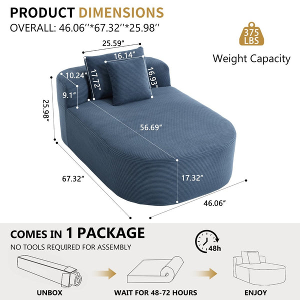 English Elm 67.5''chaise Lounge Oversized Corduroy Sleeper Sofa with Deep Seat and Two Pillows Blue W1803P409171