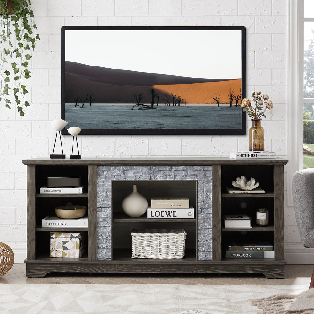 English Elm Mantel Stone TV Media Stand with Faux Stacked Stone Surround, Modern Console with Ample Storage and Cable Management for TVs up to 65" Grey W1758P187683