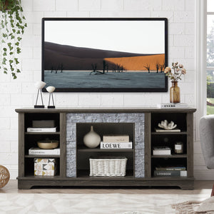 English Elm Mantel Stone TV Media Stand with Faux Stacked Stone Surround, Modern Console with Ample Storage and Cable Management for TVs up to 65" Grey W1758P187683