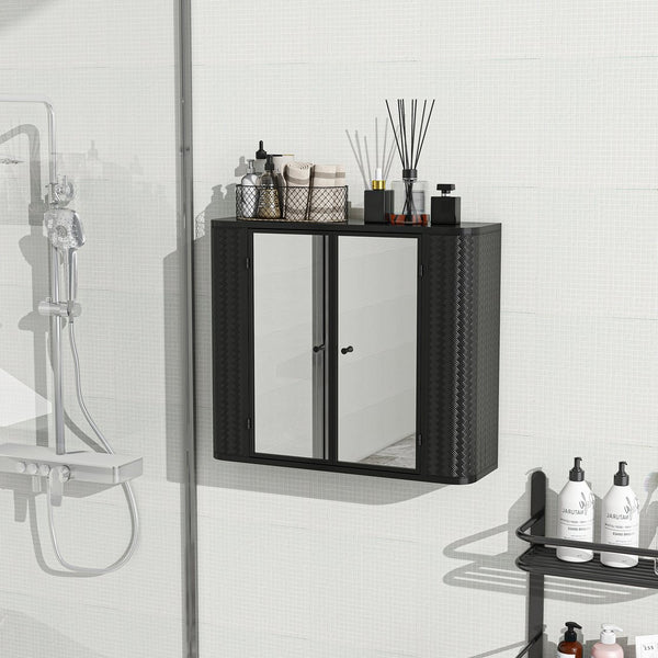 English Elm Black Wall-Mounted Bathroom Cabinet with Mirror, 2 Doors, Open Shelf & Steel Frame for Vanity Spaces W3122P272846