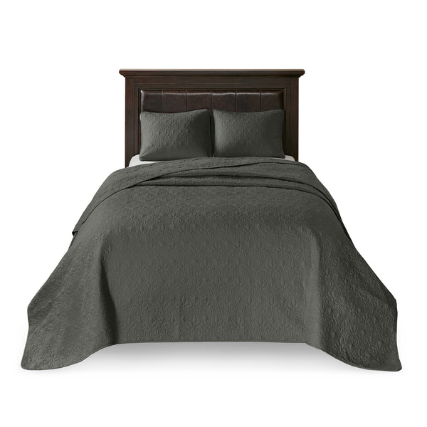 JLA Home Madison Park - 3 Reversible Bedspread Set with Quilted Stitch Texture, Oversized Drape, Antimicrobial Freshness, Soft Cotton Fill Dark Grey MP13-6127