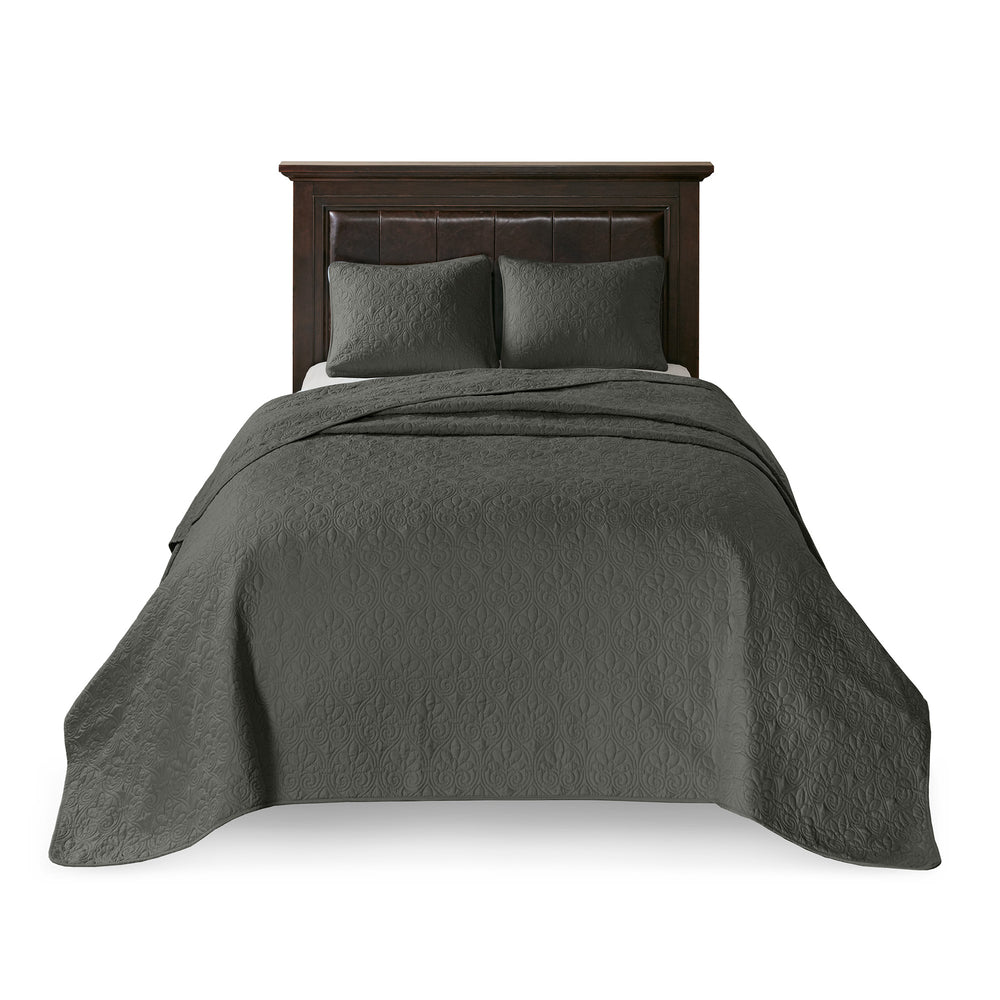 JLA Home Madison Park - 3 Reversible Bedspread Set with Quilted Stitch Texture, Prewashed Cotton Fill, Antimicrobial Freshness and Oversized Drape Dark Grey MP13-6455