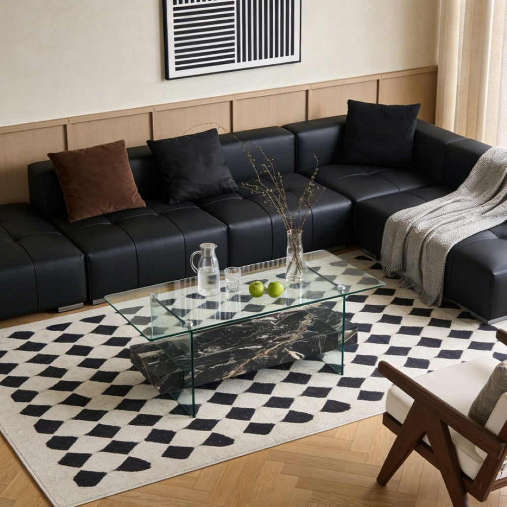 English Elm Rectangular Two Tier Glass Coffee Table with Marble Shelf for Modern Living Rooms W2920P226071